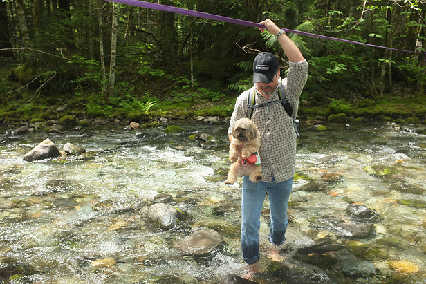Crossing a creek bed and helping our furry hiking friend along.