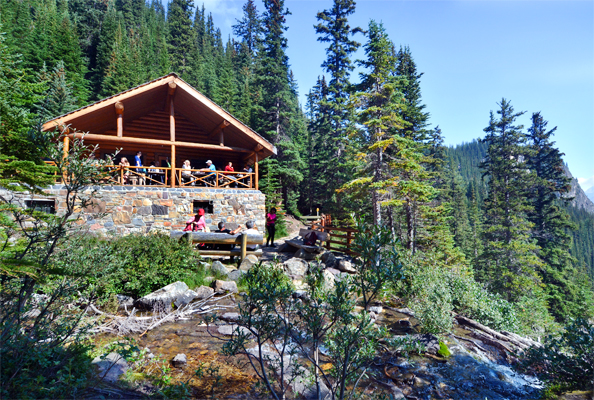 A view of the tea house perched right onto of the waterfall.